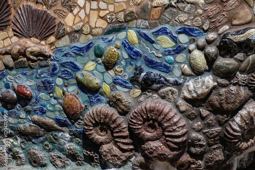 This detailed ceramic mosaic showcases a vibrant underwater scene with sculpted sea creatures like turtles, fish, and shells embedded in a textured blue background, ideal for decor themes.
 photo