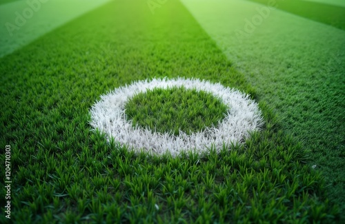 Soccer field penalty spot marked with white circle. Green grass background. Sports arena. Outdoor activity. Game. Competition. Game preparation. Football pitch. Marking.
