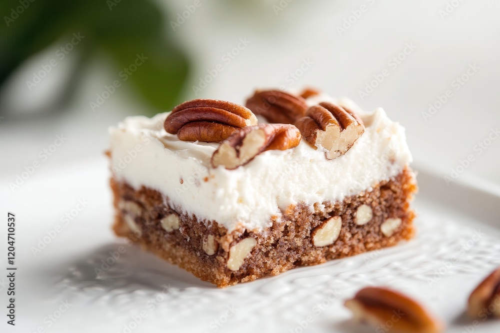 A lone slice of Hummingbird cake topped with pecans and cream cheese frosting with a focused view A lone slice of Hummingbird cake topped with pecans and cream cheese frosting with a focused view