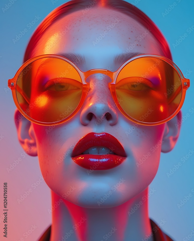Stylish close-up of a woman in round orange-tinted sunglasses, illuminated by dramatic neon lighting, with glossy lips and a bold contemporary fashion aesthetic
Stylish close-up of a woman in round orange-tinted sunglasses, illuminated by dramatic neon lighting, with glossy lips and a bold contemporary fashion aesthetic