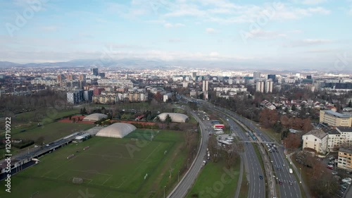 4K Aerial cinematic video - city of Zagreb, capital of Croatia, a view of the famous Marin Držić Avenue passing between the residential neighborhoods of Savica, Trnje, Pešćenica and Borovje photo