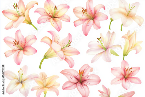 Set of watercolor vector beautiful pink lilies