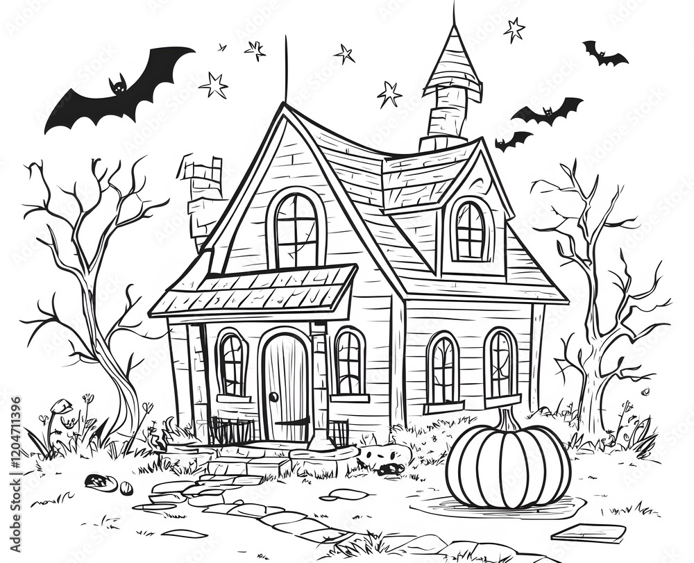 Naklejka premium Halloween House with Bats Pumpkin and Stars