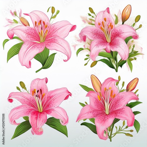 Set of watercolor vector beautiful pink lilies