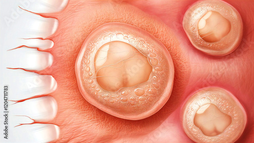 Mouth Ulcers Illustration: Detailed Close-Up of Canker Sores on Gums and Inner Cheek, Medical Condition, Oral Health, Dental Hygiene Art