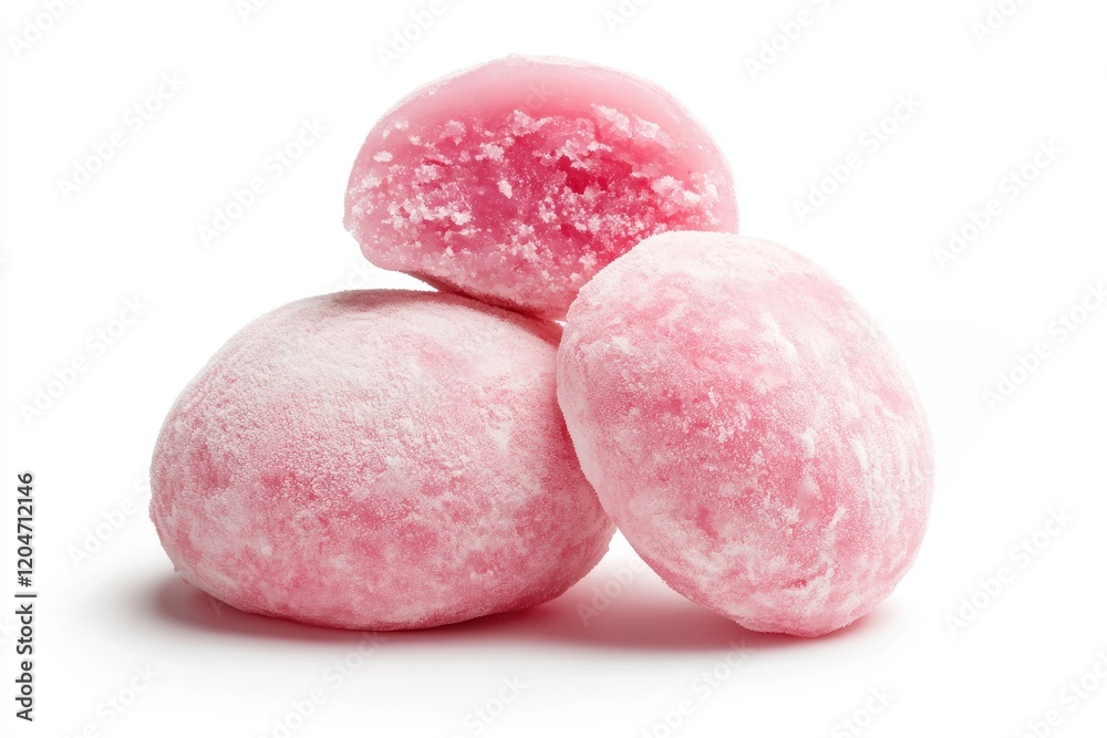 A pink mochi ice cream alone against a white backdrop A pink mochi ice cream alone against a white backdrop