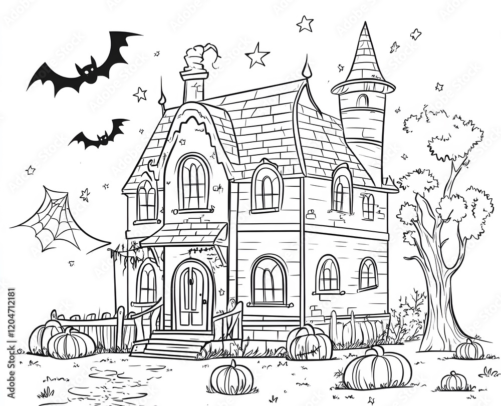 Haunted House Halloween Scene With Bats Pumpkins And Stars Haunted House Halloween Scene With Bats Pumpkins And Stars