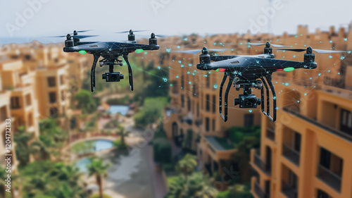 Drone Survey of Residential Complex: Two advanced drones equipped with high-resolution cameras perform a coordinated aerial survey of a modern residential complex. photo