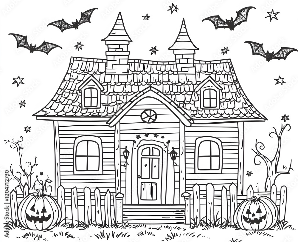 Obraz premium A Haunted House With Pumpkins And Bats At Night