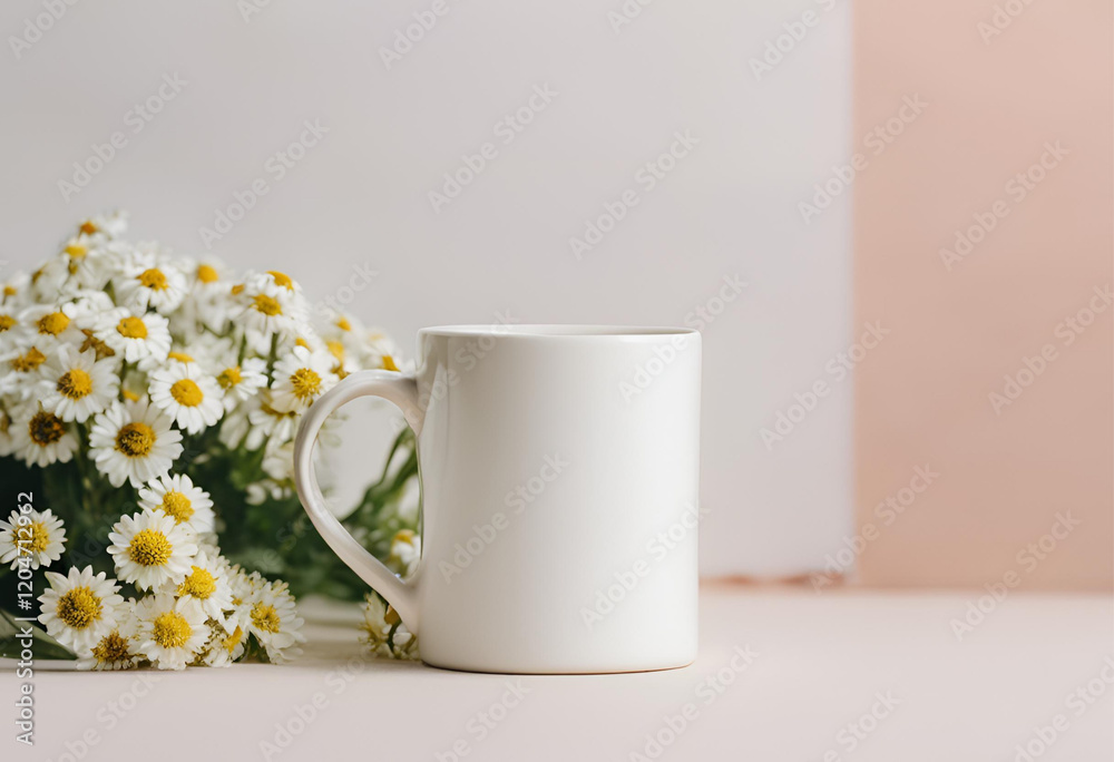 Blank white mug mockup on flower background. Blank white mug mockup on flower background.