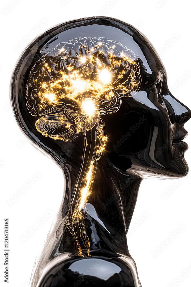 Illuminated brain concept art transparent background digital illustration abstract environment side view perspective