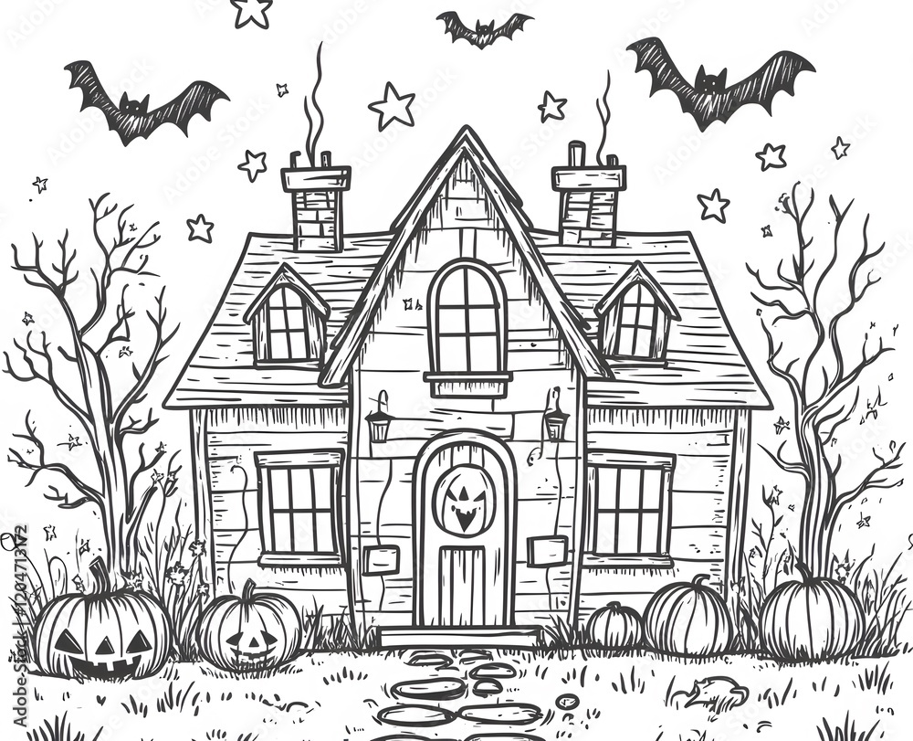 Obraz premium Spooky Halloween House with Bats Pumpkins and Stars