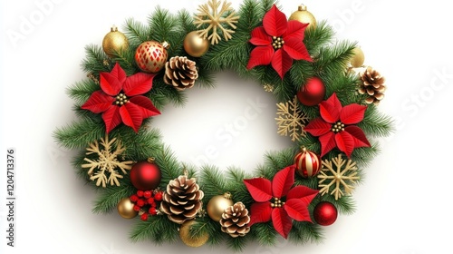 A festive Christmas wreath made of lush green evergreen branches, decorated with red and gold ornaments, pinecones, and golden accents like snowflakes and leaves. 