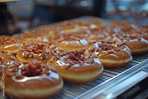 An assortment of maple donuts topped with bacon photo