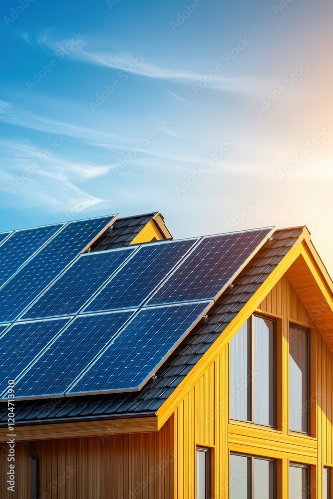 Fototapeta premium Modern Home with Solar Panels Under Bright Sky