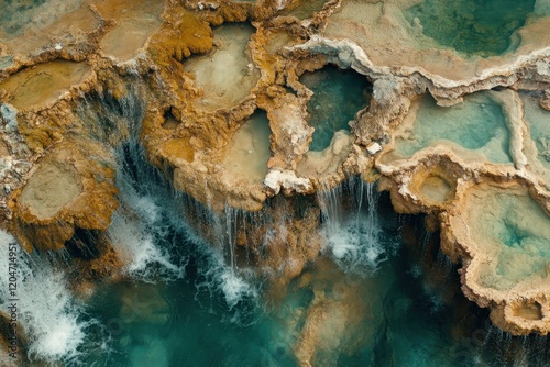 Bird s eye perspective of a natural spa featuring waterfalls and hot springs in Saturnia Tuscany Italy