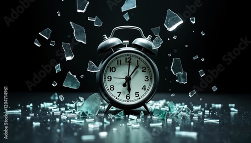 Shattered alarm clock disrupted routine missed deadline. Broken glass pieces surround black clock against dark background. Image captures time sudden halt crucial moment abrupt ending. Visual aids