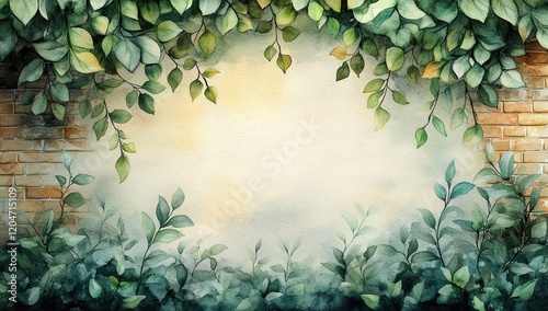 Green Leaves and Brick Decorative Frame Watercolor Illustration Spring Summer Nature Plants Flowers
