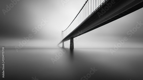 Monochrome long exposure of a suspension bridge over calm, foggy water.