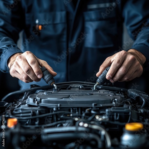 Mechanic Working on Car Engine with Tools