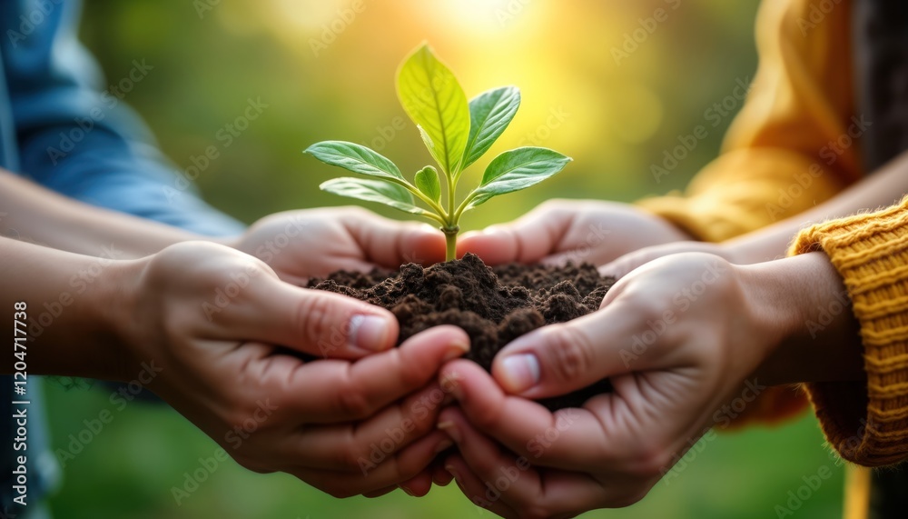 Hands hold young plant. Caring hands nurture tiny sprout. Eco friendly action. Promoting sustainability. Nurturing earth. Global community. Shared responsibility. Eco education. Environmentalism. Hands hold young plant. Caring hands nurture tiny sprout. Eco friendly action. Promoting sustainability. Nurturing earth. Global community. Shared responsibility. Eco education. Environmentalism.