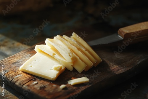 Cheddar or kashkaval on a dark background sliced cheese on a board photo