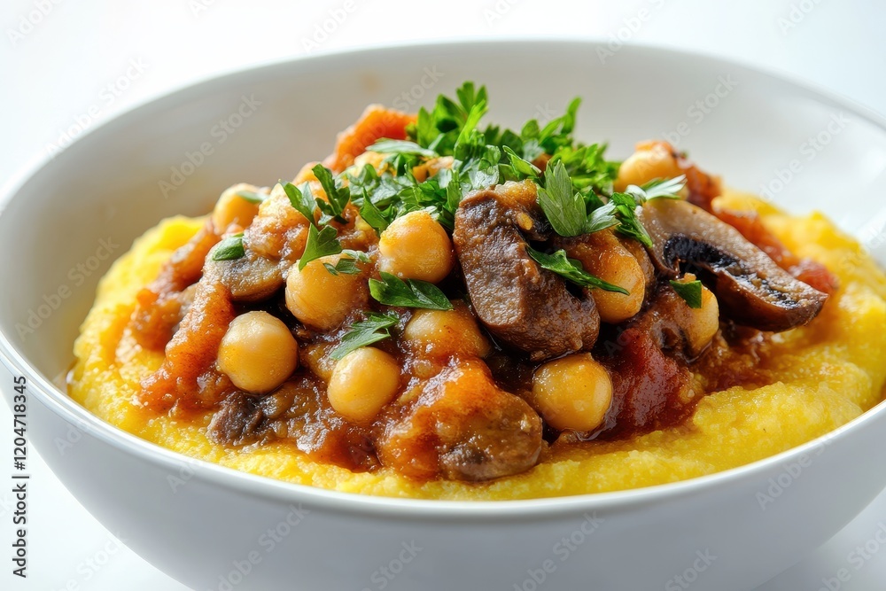 Classic Italian cornmeal dish with mushrooms and chickpeas topped with parsley Classic Italian cornmeal dish with mushrooms and chickpeas topped with parsley