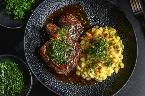 Classic Italian ossobuco with gremolata and spaetzle on a Nordic style plate photo