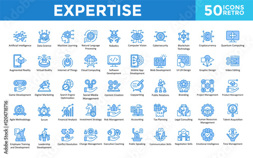 Expertise icon set with artificial intelligence, data science, machine learning, natural language processing, robotics, computer vision, cybersecurity, blockchain icon. Simple retro vector 
