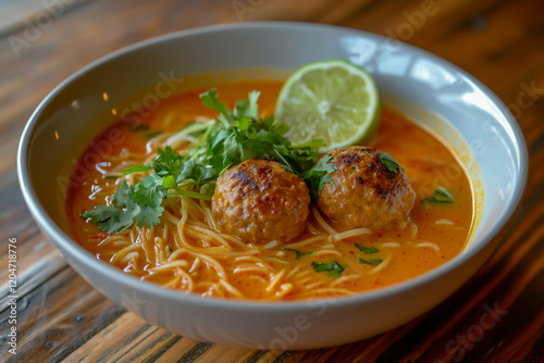 A bowl of flavorful red curry powder soup with tender noodles, garnished with fresh cilantro, basil and zesty lime wedges. photo