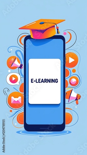 Modern digital learning illustration featuring a smartphone with an orange graduation cap, surrounded by multimedia icons representing online courses, e-learning, and virtual education

 photo