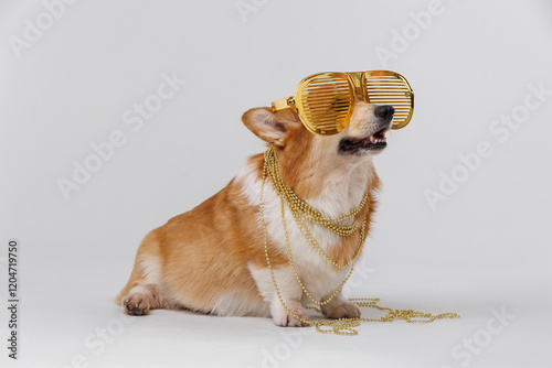 Stylish corgi with gold accessories, exuding glamour and luxury for a fun and trendy vibe