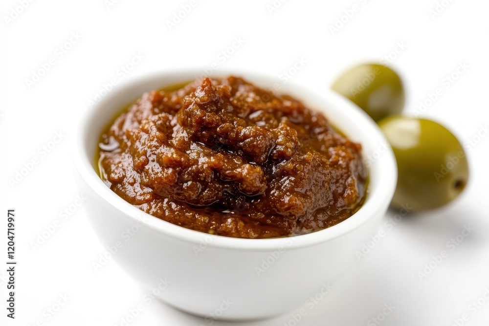 Close up of a bowl containing olive tapenade and green olives against a white backdrop Close up of a bowl containing olive tapenade and green olives against a white backdrop