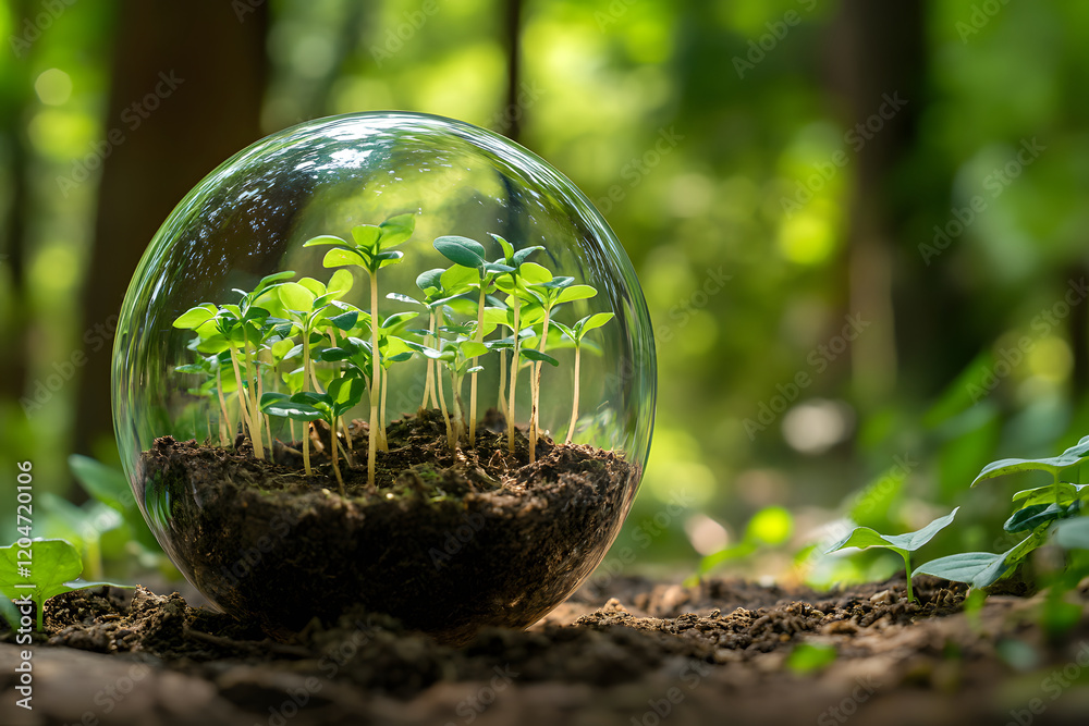 Seedlings in Glass Sphere on Forest Floor Seedlings in Glass Sphere on Forest Floor
