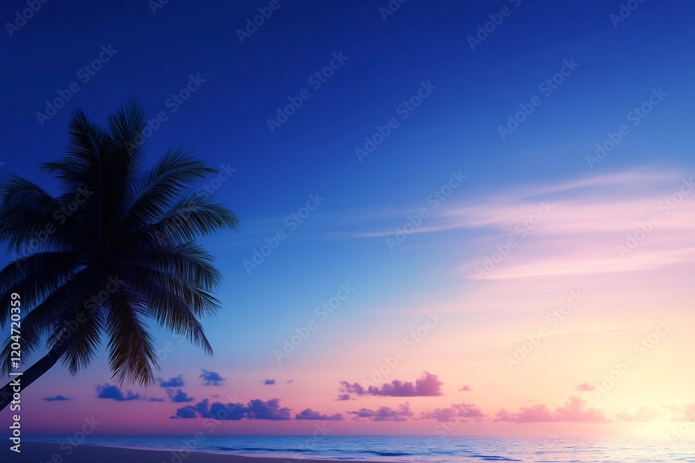 Tropical sunset beach palm tree, tranquil ocean scene, vacation postcard Tropical sunset beach palm tree, tranquil ocean scene, vacation postcard