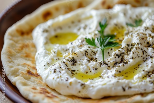 Close up of a Middle Eastern breakfast featuring labneh manakeesh or pita with cheese and za atar olives and vegetables photo