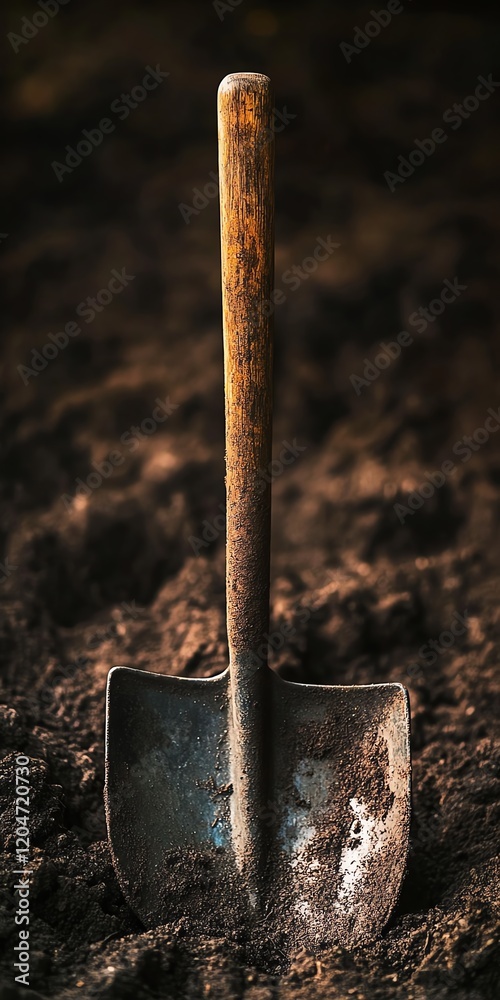 Old shovel standing in rich soil, perfect for gardening and digging imagery.