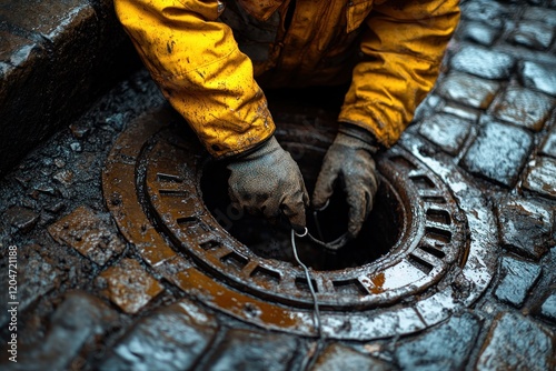 manhole cover inspection and sewer line cleaning with hydro jetting by service worker