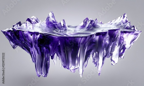 Abstract purple glass island floating on grey background.