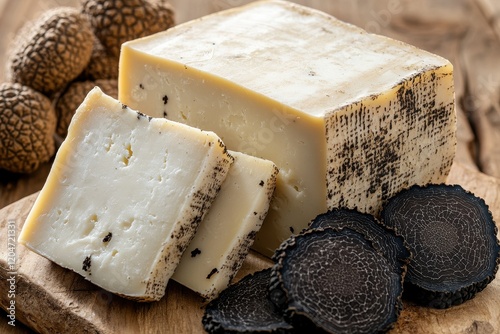 Collection of Italian cheeses featuring yellow taleggio with black truffles from Val Taleggio Italy