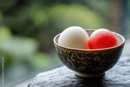 Colorful red and white mochi in an attractive cup on a stone photo