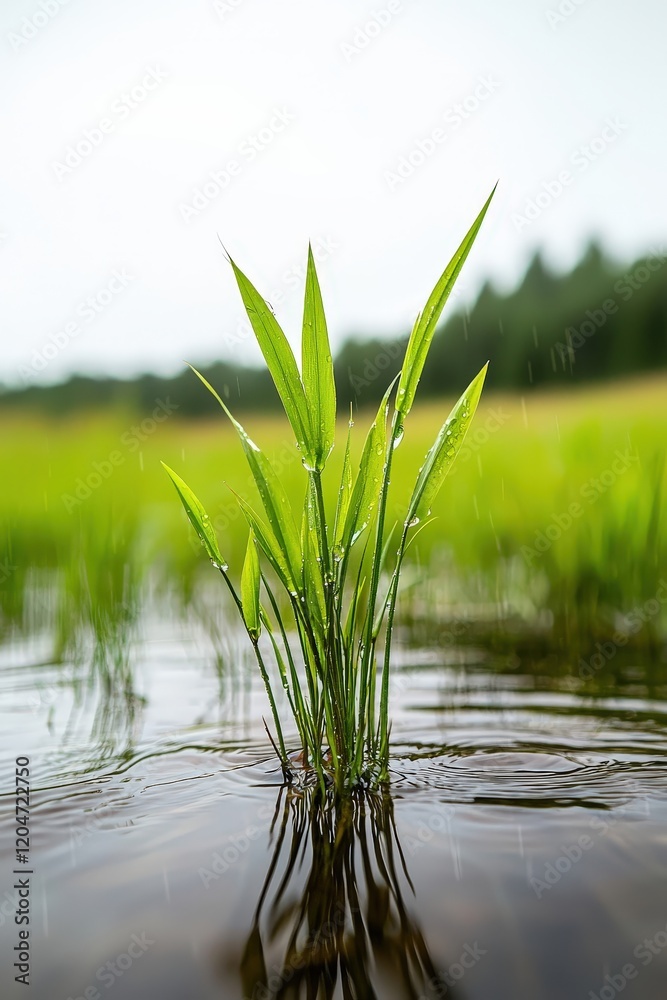 Obraz premium Fresh Green Grass Growing in a Serene Water Setting