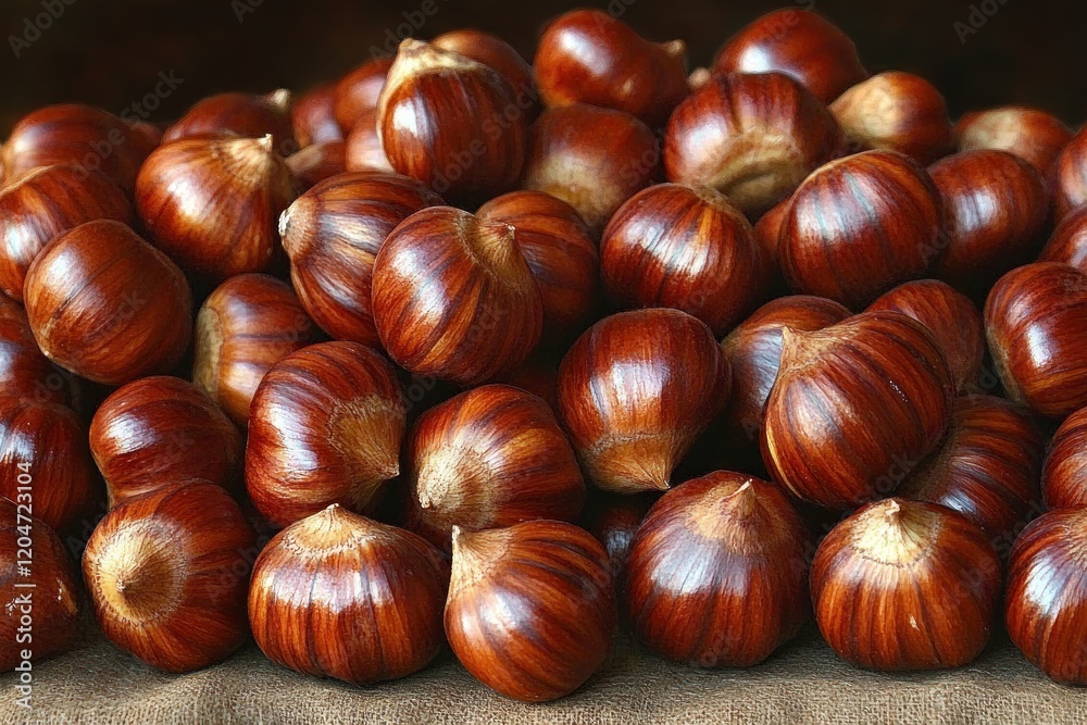 Hyper-Realistic Close-Up of Shiny Chestnuts with Dramatic Chiaroscuro Lighting Hyper-Realistic Close-Up of Shiny Chestnuts with Dramatic Chiaroscuro Lighting