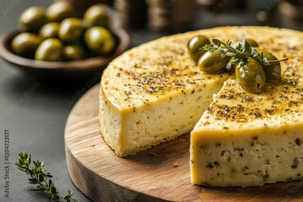Delicious cheese appetizer with assorted cheeses and green olives arranged on a wooden board at a restaurant Delicious cheese appetizer with assorted cheeses and green olives arranged on a wooden board at a restaurant