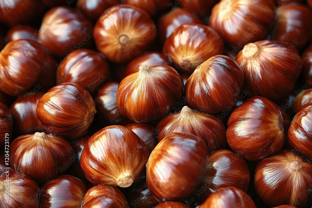 Close-up of Shiny Chestnuts with Glossy Surfaces for Sale at Grocery Store Close-up of Shiny Chestnuts with Glossy Surfaces for Sale at Grocery Store