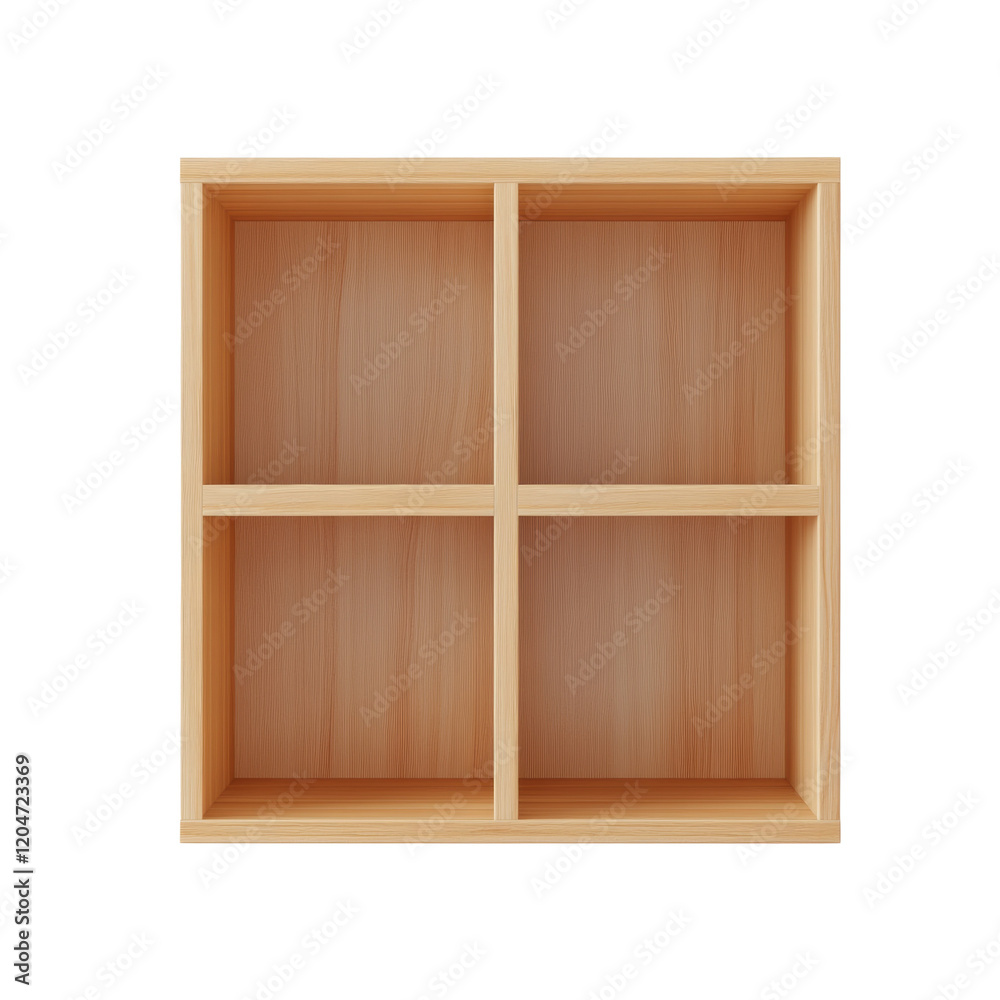 Obraz premium A minimalist light brown wooden wall shelf with four empty square compartments is shown against a white background.