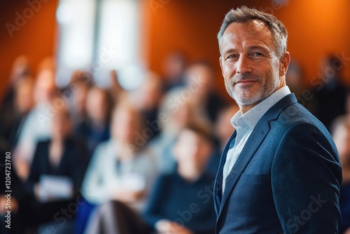 Business Workshop Presentation by Corporate Executive in Modern Conference Room with Professional Audience Engagement