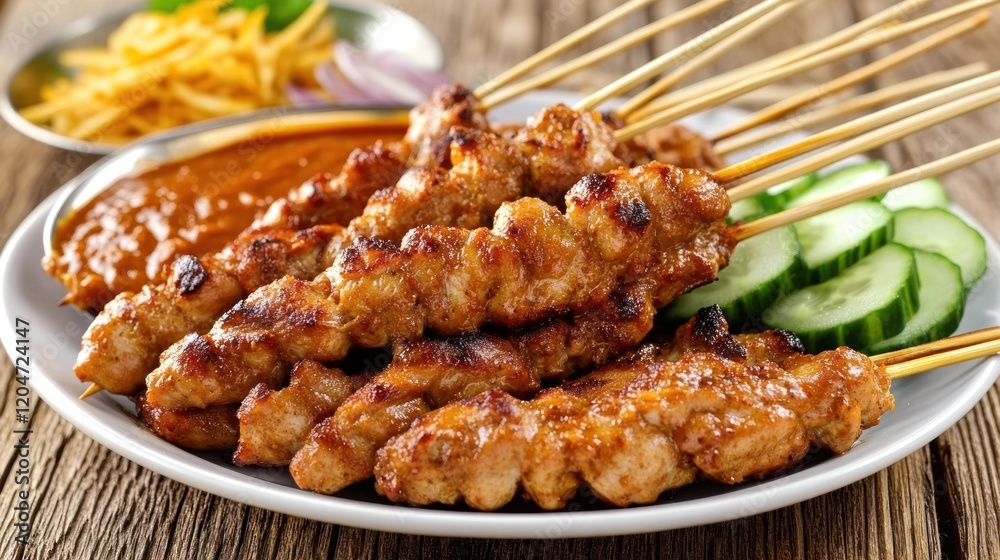 Delicious Chicken Satay with Peanut Sauce and Cucumber Delicious Chicken Satay with Peanut Sauce and Cucumber