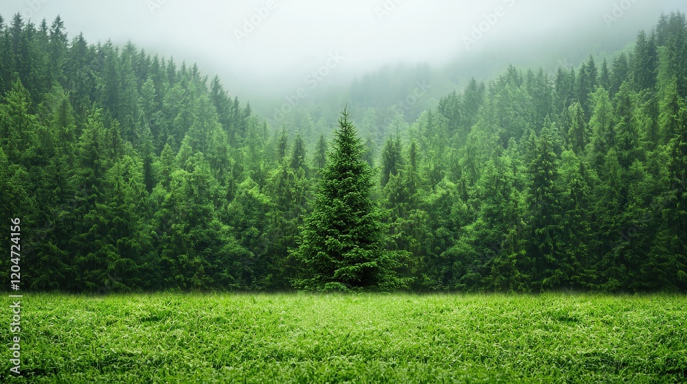 Lush Evergreen Forest with Misty Background Lush Evergreen Forest with Misty Background
