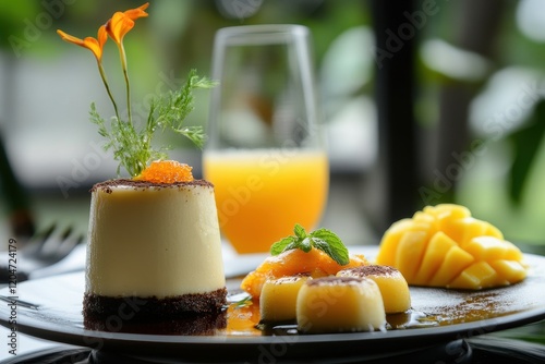 Delicious sweets post meal mini cheesecake mochi mango pudding and orange juice photo